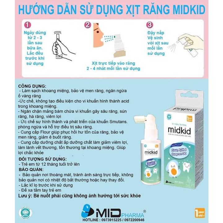 [CHÍNH HÃNG] Xịt Chống Sâu Răng Midkid Làm Sạch Và Bảo Vệ Răng Miệng Nướu Lưỡi Cho Bé | Bác Sỹ Nha Khoa Khuyên Dùng-Y46