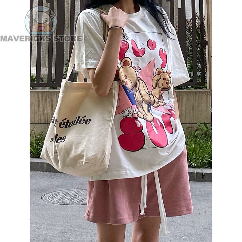 Bộ Đồ Thể Thao Hai Mảnh Áo Thun Tay Ngắn Phối Quần short Dáng Rộng In Hình Gấu Hồng Thời Trang Mùa Hè Hàn Quốc Cho Nữ