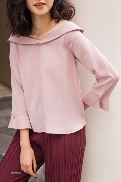 Áo Sơ Mi Nữ Cổ Tim MOMOCO Kiểu Dáng Rộng Hở Vai Cá Tính M2159