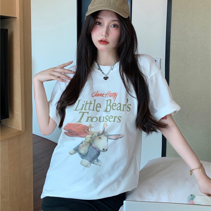 Áo Thun Tay Ngắn Cổ Tròn Dáng Rộng Vải Cotton In Hình Gấu Dễ Thương