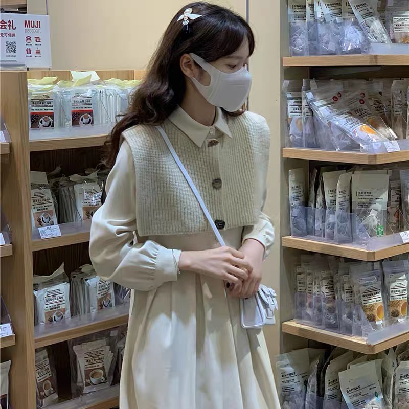 Váy thu đông dáng xòe dài chất dày dặn ấm áp có kèm yếm len độc lạ- Phong cách Hàn Quốc trẻ trung