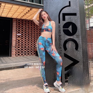 Bộ tập gym nữ , đồ thể thao nữ hoạ tiết xanh lá sọc thể thao