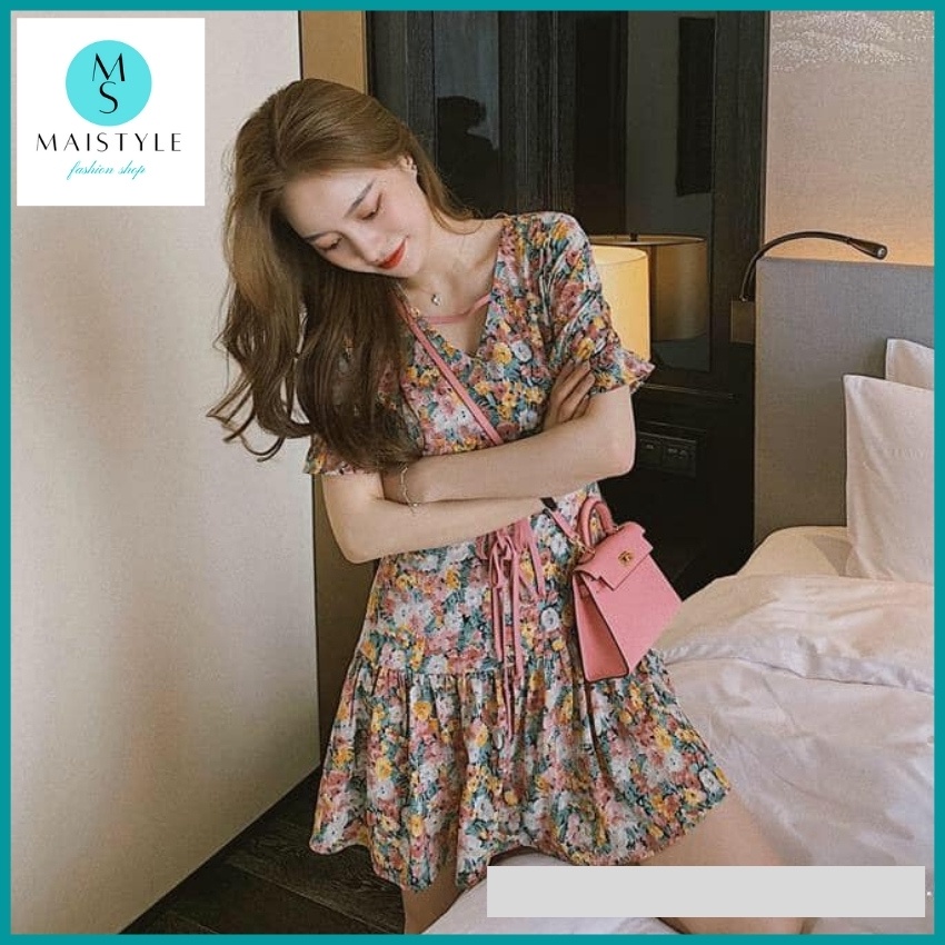 Đầm hoa nhí đi biển MAISTYLE váy voan tiểu thư xinh đi chơi tay phồng ngắn ulzzang bánh bèo cổ V MY1036