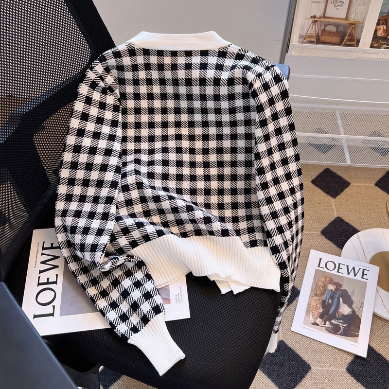 Áo Khoác Cardigan Dệt Kim Cổ Chữ V Thắt Nơ Họa Tiết Sọc Caro Thời Trang Mùa Thu