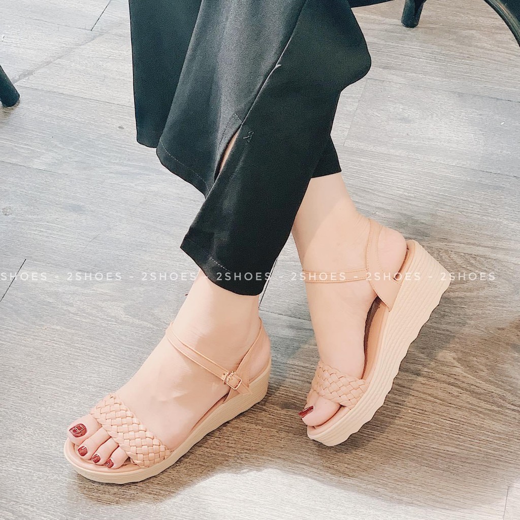 Sandal Xuồng Nữ quai bính ĐEN/KEM Đế 4cm