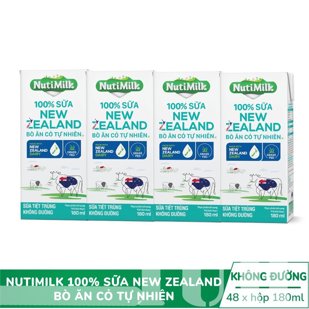 Thùng 48 hộp Sữa không đường New Zealand Nuti Bò ăn cỏ tự nhiên Không đường 180ml/hộp-TUH Store