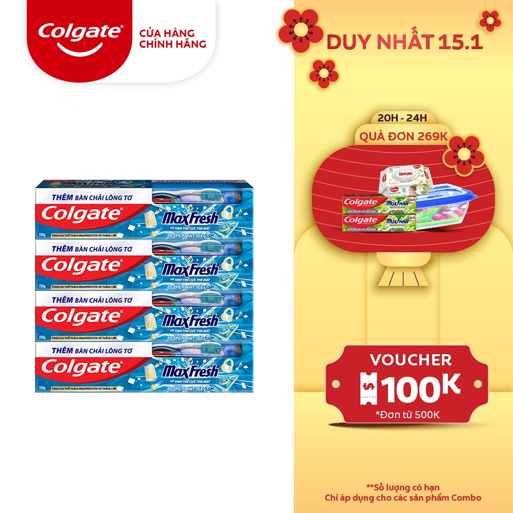 Bộ 4 Kem đánh răng Colgate Maxfresh bạc hà 230g tặng bàn chải