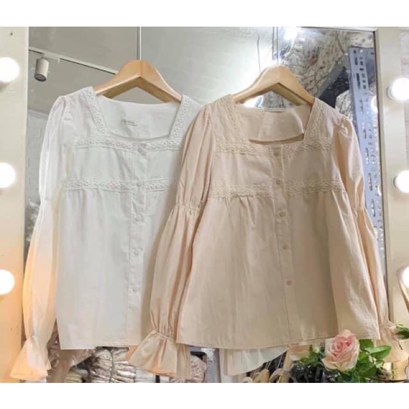 Áo babydoll cổ vuông viền ren bo tay style Ulzzang