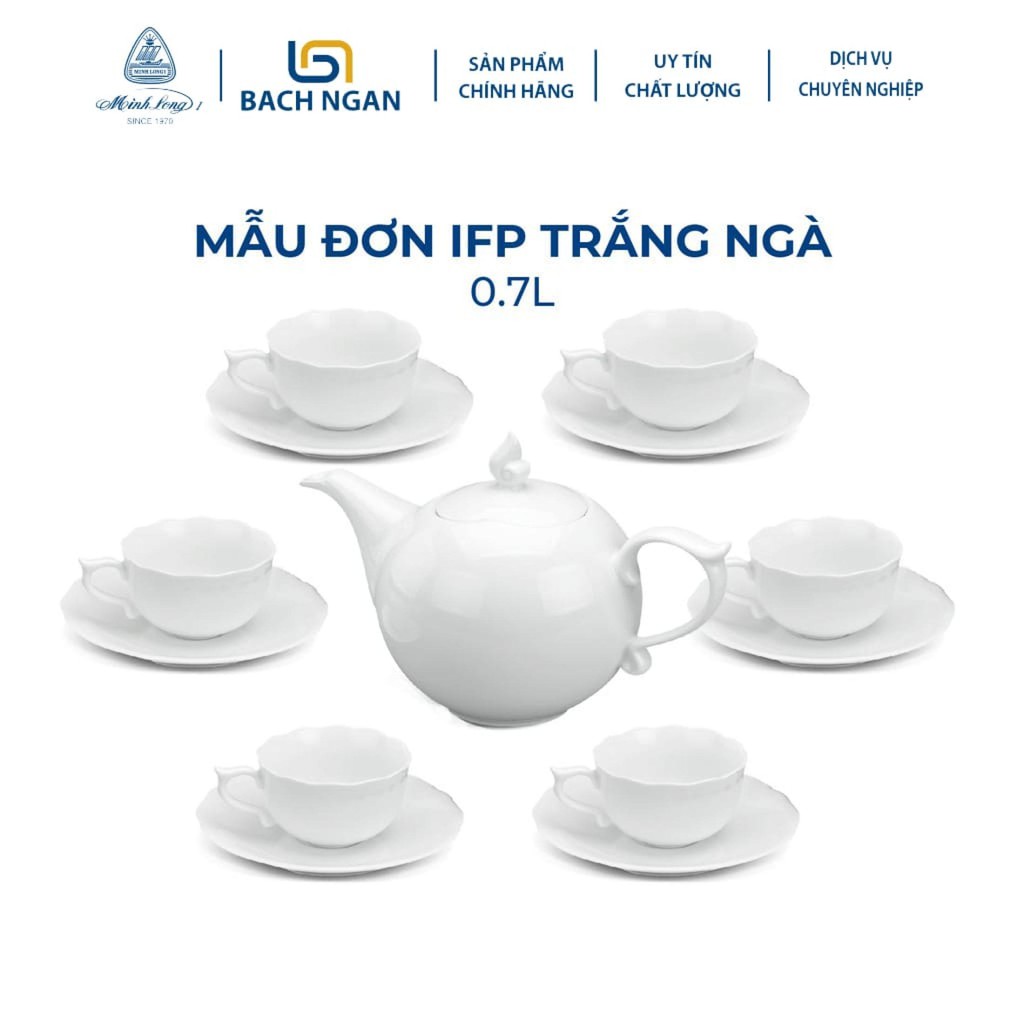 Bộ Ấm Trà Gốm Sứ Cao Cấp Minh Long 0.7 L Mẫu Đơn Trắng hàng đẹp, sang trọng đãi khách, quà tặng - 6 tách