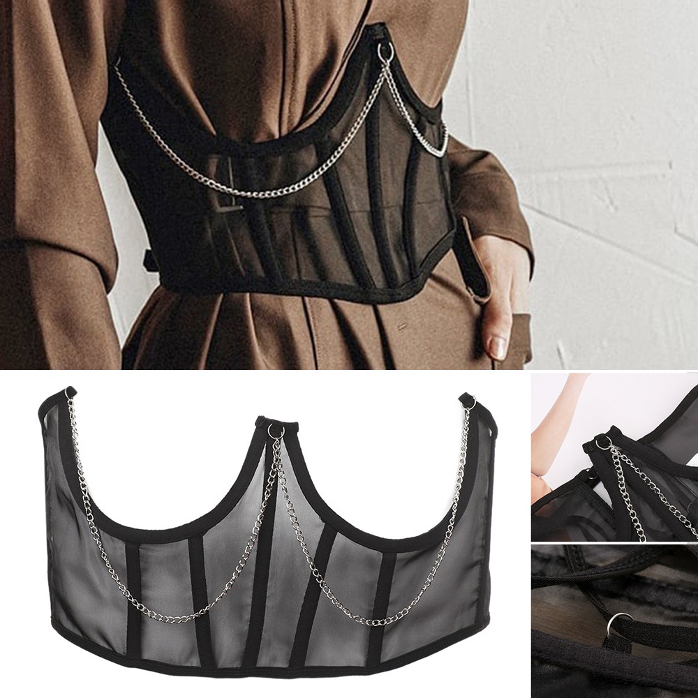 Đai Nịt Bụng Định Hình Eo Cao Màu Đen Phối Dây Xích Kim Loại Xuyên Thấu Phong Cách Punk Harajuku Cổ Điển Dành Cho Bạn Nữ