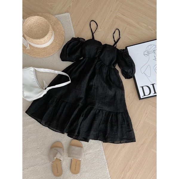 Vây Đầm Nữ Trễ Vai Tay Phồng - Halinh Shop - Váy Voan Đũi 2 Lớp Trễ Vai Chun Lưng Tiểu Thư 3 Màu Đen Trắng Xanh Bơ