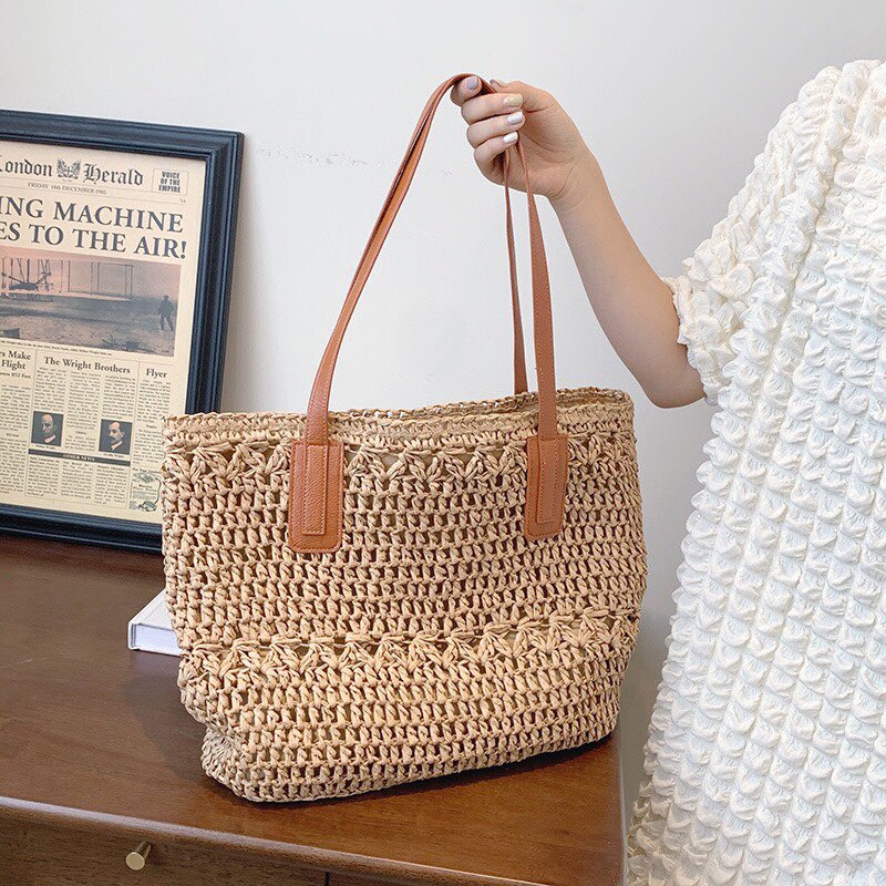 Túi cói Tote chữ nhật sọc ngang phối dây da - phong cách Vintage (mẫu mới)
