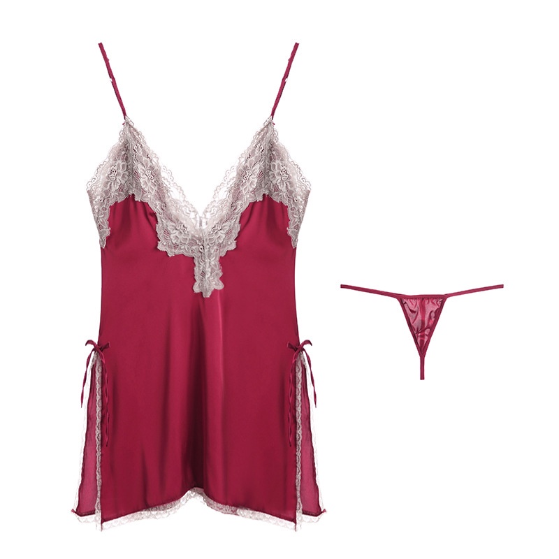 Đầm ngủ hai dây mảnh cổ chữ V xẻ sâu phối ren cắt xẻ tà và quần lót lọt khe thời trang xuân hè quyến rũ dành cho nữ