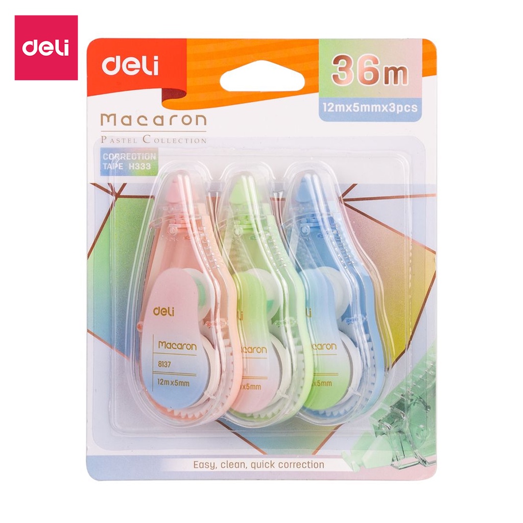 Bút xóa băng 12m Deli - Hình trái cây - Hồng/Xanh lá/Xanh dương - Set 3 chiếc - EH333