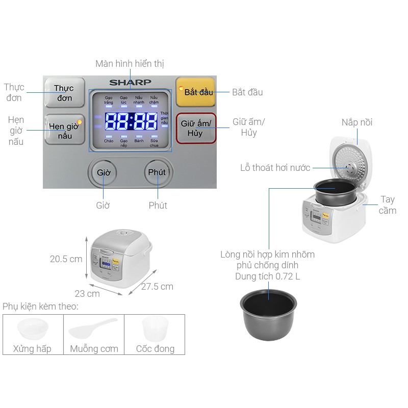 Nồi cơm điện tử Sharp KS-COM08V-SL 0.72 Lít
