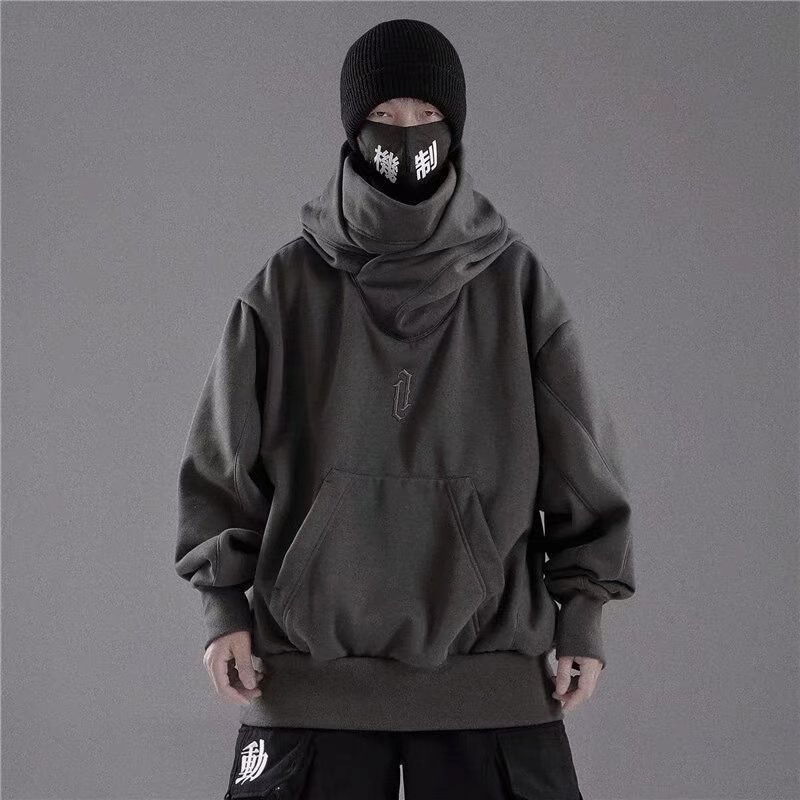 Áo hoodie nam tay dài cổ cao dáng rộng màu trơn phong cách hip hop đường phố Hàn Quốc