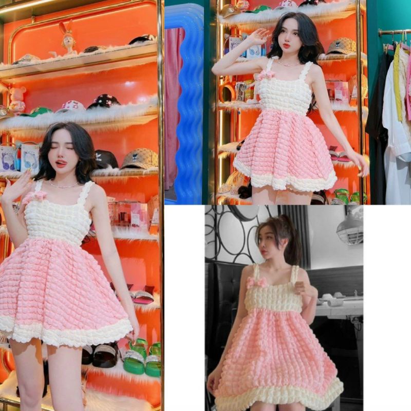 Váy babydoll xoè 2 dây chất xốp ô phối trắng hồng siêu xinh