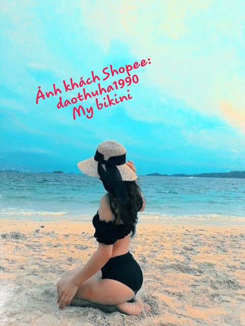 (Có sẵn) Đồ bơi/ Bikini trễ vai tay bèo 2 mảnh màu đỏ và đen