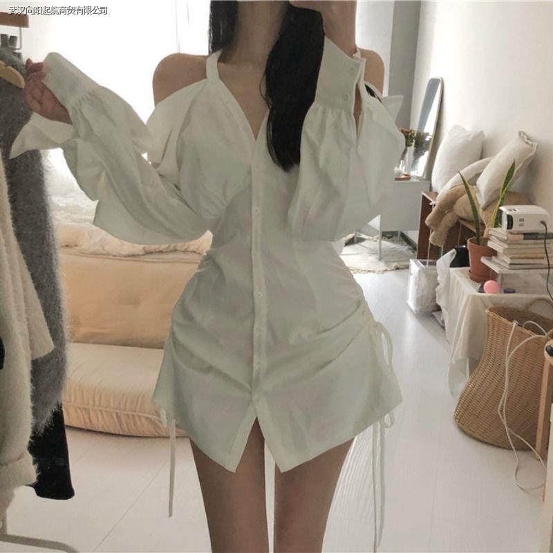 Đầm Sơ Mi Trắng Dài Tay Cổ Chữ v Trễ Vai Eo Rút Dây Thời Trang Cho Nữ