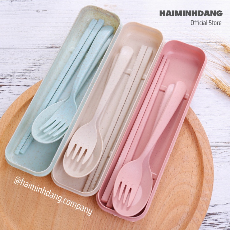 Bộ 3 món thìa, đũa, dĩa lúa mạch an toàn bảo vệ môi trường, bộ dụng cụ ăn trưa văn phòng tiện lợi