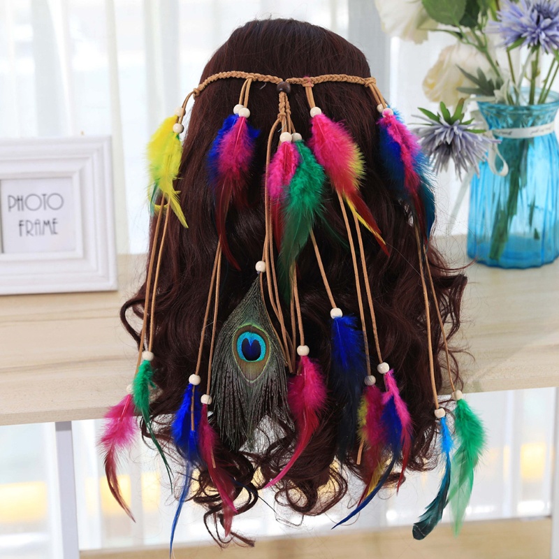 Băng Đô Bện Tóc Phối Lông Vũ Tua Rua Phong Cách Ấn Độ Bohemian