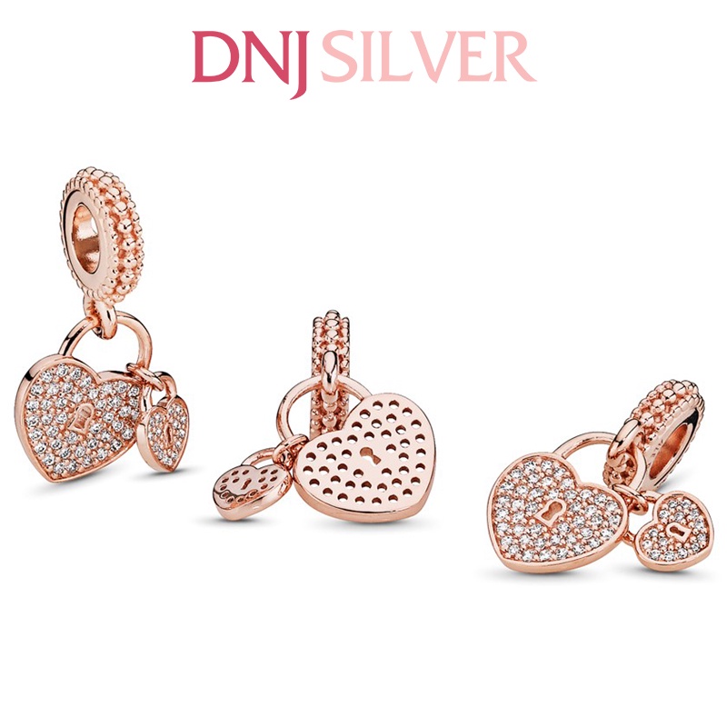Charm bạc 925 cao cấp, hàng chuẩn bạc - Charm RoseGold Pavé Heart Padlocks thích hợp để mix vòng tay charm - DN024
