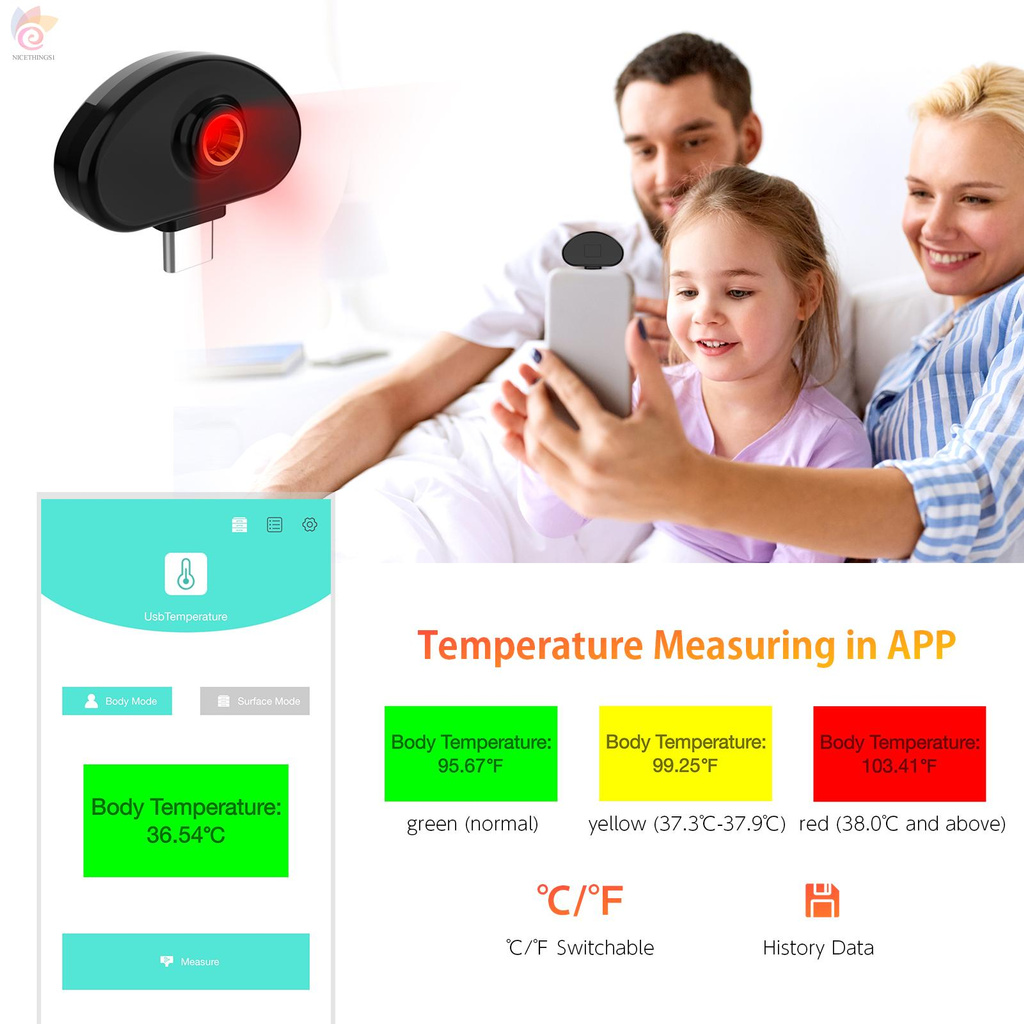 ET USB Infrared Thermometer Type-C Interface Compatible with Android Measuring Body &amp; Object Temperature 3-Color Display History Data in APP Mini Touchless Thermometer for Phone