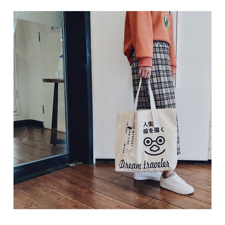 Túi Tote Vải Canvas Dream Traveler Nữ phong cách Ulzzang Có Khóa Kéo chất liệu dày dặn