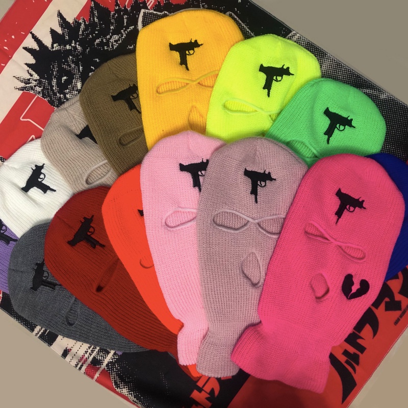 Mũ beanie Mặt Nạ Toàn Bộ Mặt Giữ Ấm Thiết Kế 3 Lỗ Thêu Họa Tiết Trái Tim Phong Cách Chiến Thuật