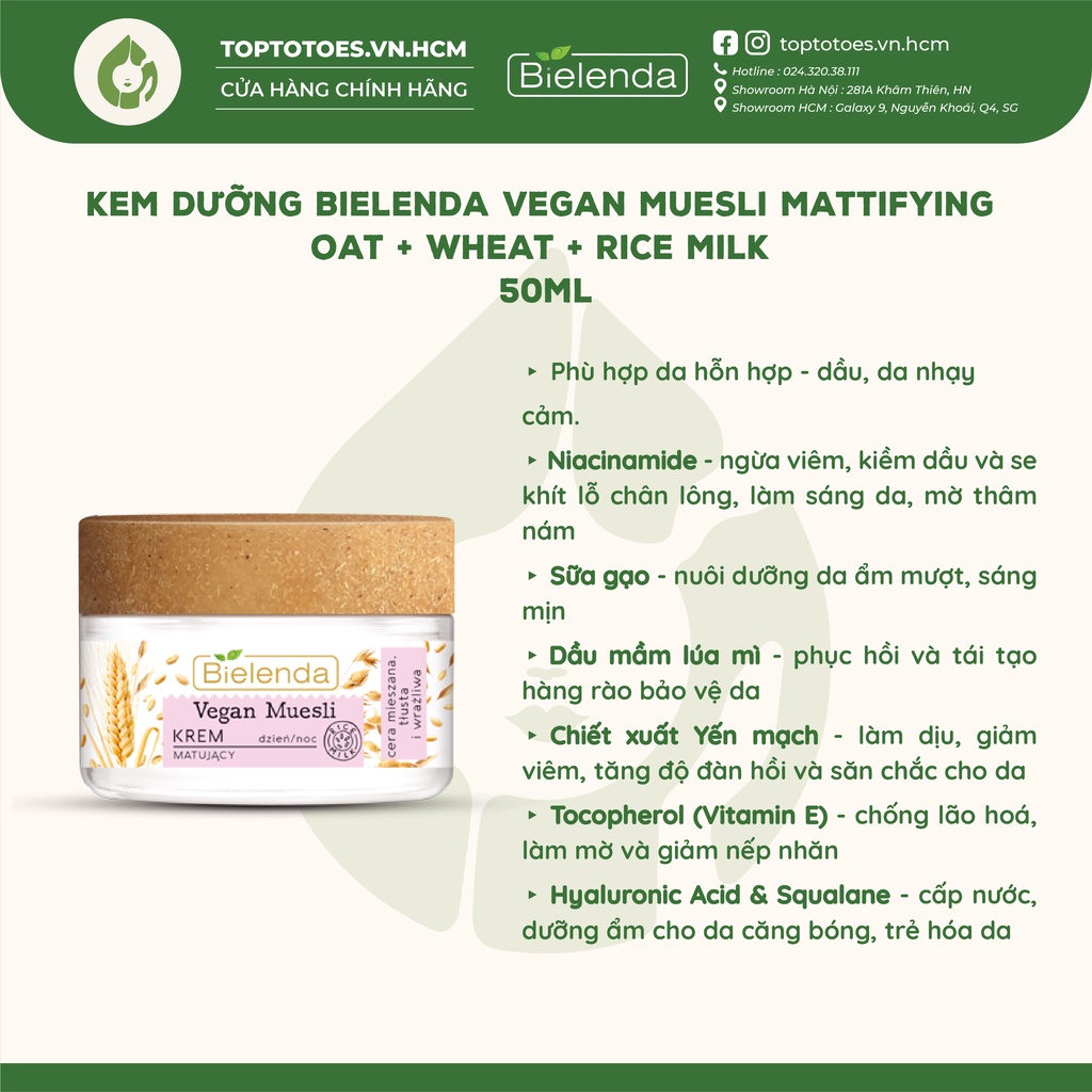 Kem dưỡng Bielenda Vegan Muesli dưỡng ẩm, làm dịu, phục hồi da 50ml