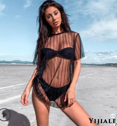 Áo Lưới Xuyên Thấu Tay Ngắn Cổ Tròn Họa Tiết Kẻ Sọc Thời Trang Đi Biển Cho Nữ | BigBuy360 - bigbuy360.vn