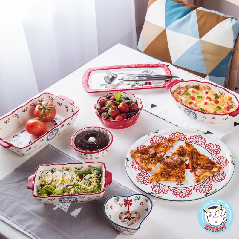 Thố sứ Cherry oval, khay nướng, khay đựng salad sứ tay cầm dùng đc lò nướng decor vẽ tay thủ công cao cấp KITCAT STORE