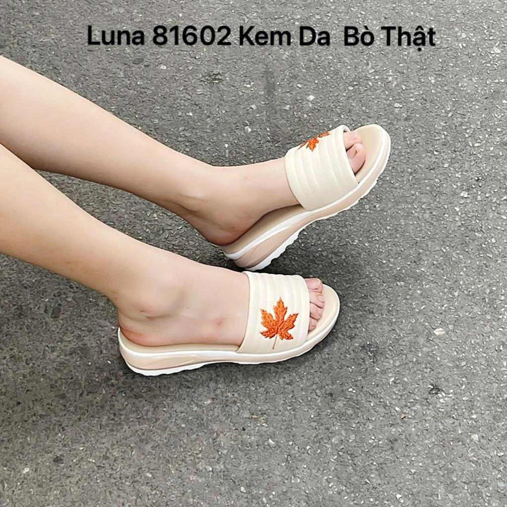 Dép nữ đế bánh mì cao 3p LUNASHOES 81602 quai ngang da bò thật êm chân hở mũi họa tiết hoa lá phối đồ đẹp