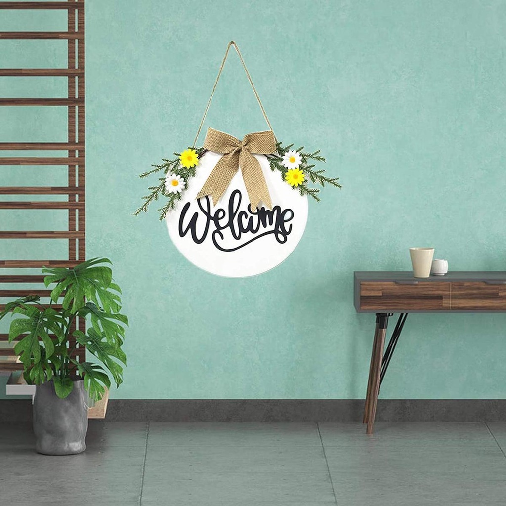 Vòng Hoa Gỗ Khắc Chữ Welcome Treo Trang Trí Ngoài Trời Mùa Xuân Hè