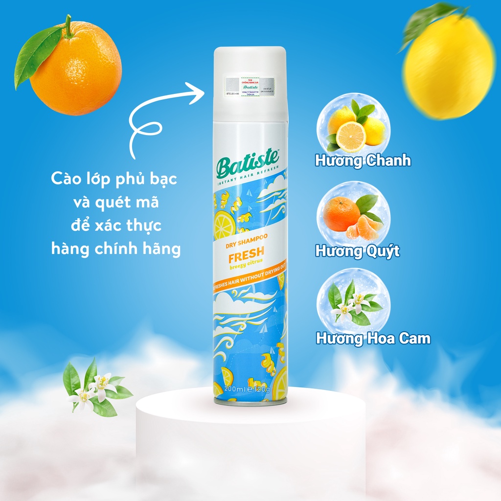 Dầu Gội Khô Batiste Tươi Mát Tức Thì - Batiste Dry Shampoo Light & Breezy Fresh 200ml