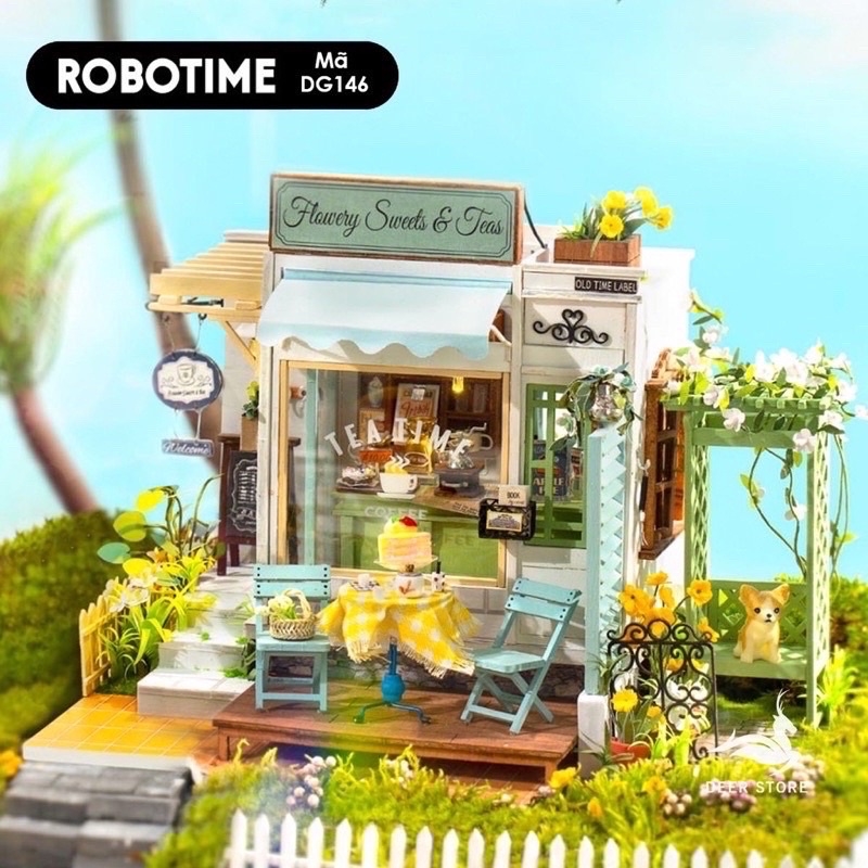 Tiệm cafe robotime _ Mô hình tea time tự lắp ghép DIY (Tặng mica chắn bụi và keo dán)