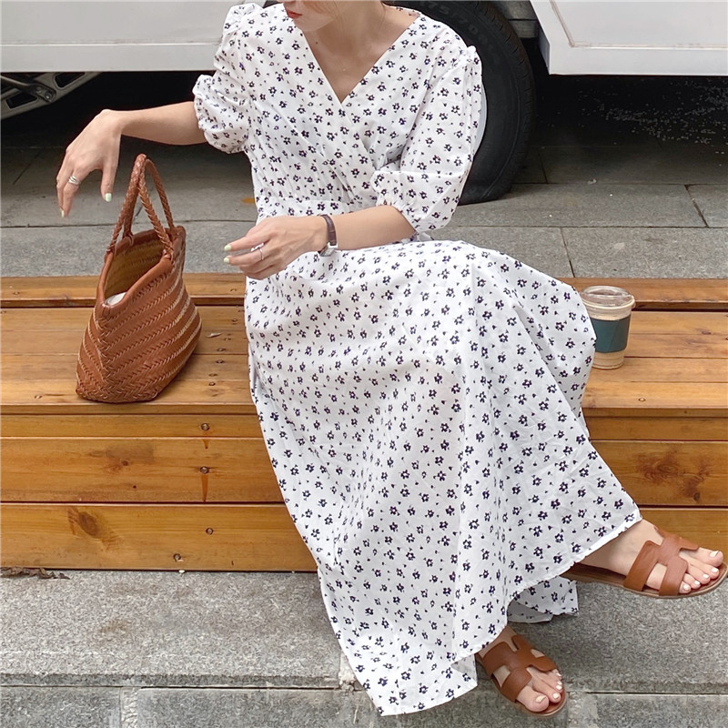 Đầm Maxi 35109 Cổ Chữ V Tay Phồng In Hoa Xinh Xắn Hợp Thời Trang