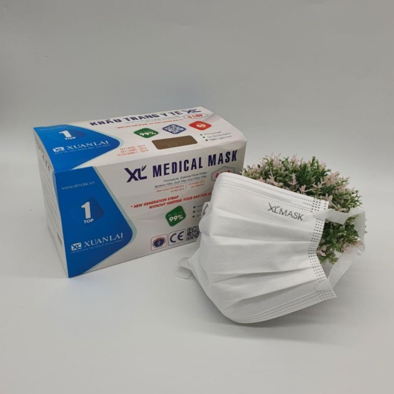 Hộp khẩu trang y tế 4 lớp kháng khuẩn quai vải không đau tai Xuân Lai 50 cái