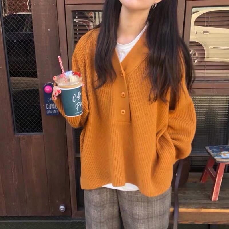 Áo sweater tay dài cổ chữ V dáng rộng phong cách Hàn Quốc thời trang mùa thu cho nữ