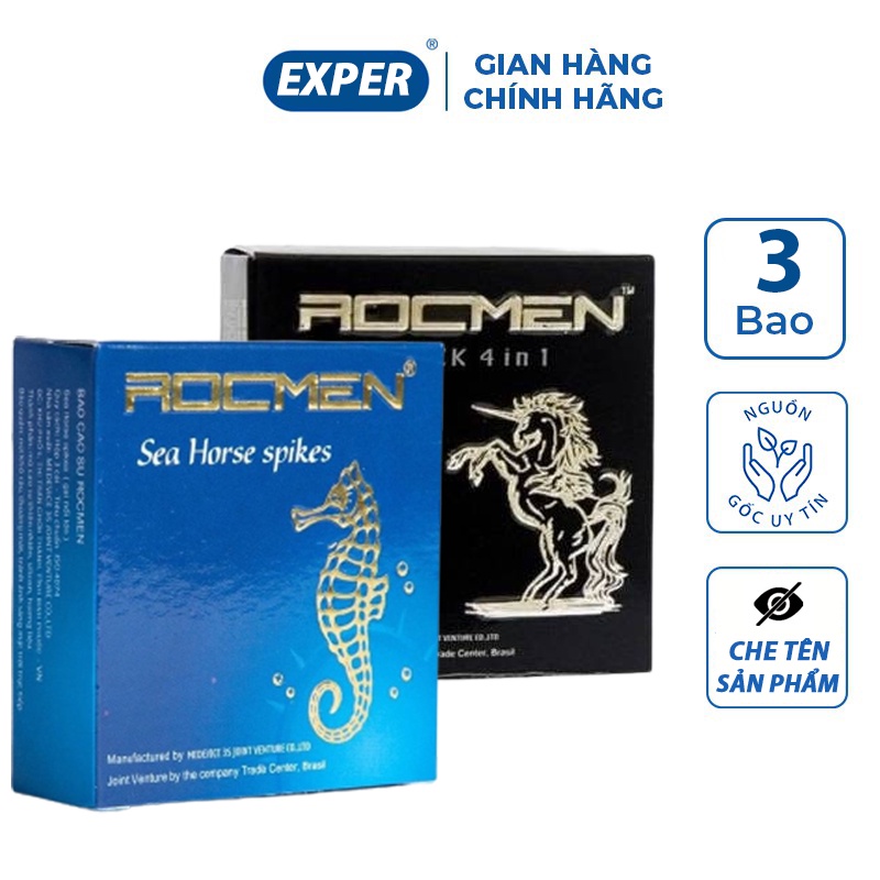 Combo 2 hộp bao cao su ROCMEN Xanh và Đen hộp 3 cái, bcs gân gai siêu mỏng kéo dài thời gian
