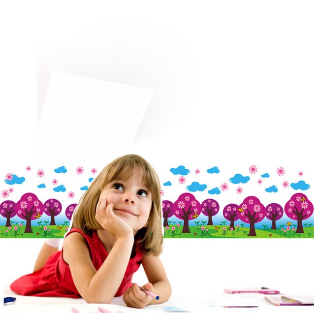Decal trang trí tường - Chân tường hàng cây tím trên thảm cỏ
