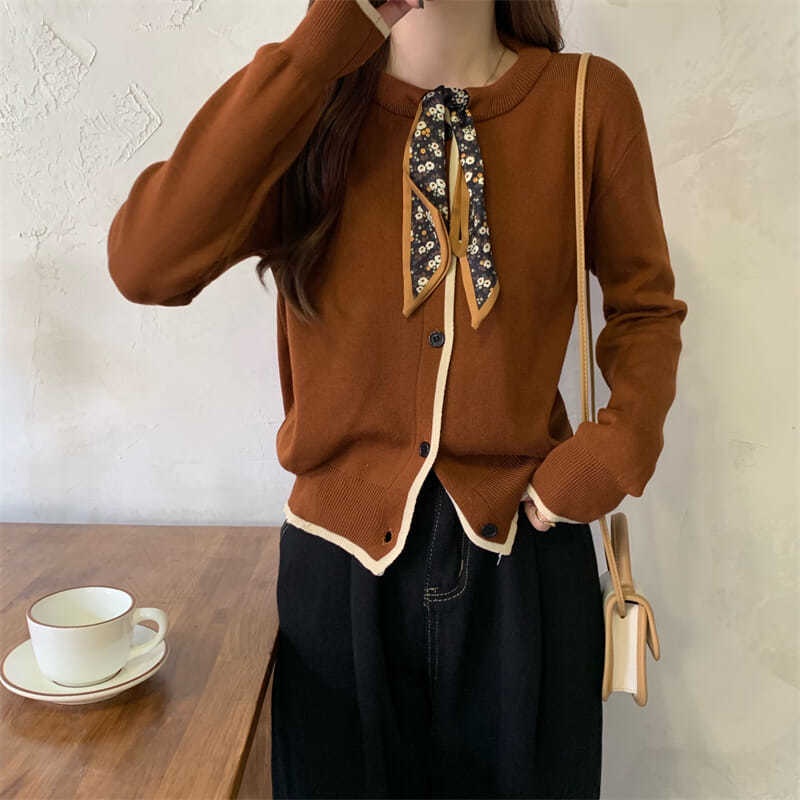 Áo Khoác Cardigan Dệt Kim Phối Khăn Quàng Cổ Lụa Dệt Kim Thời Trang Thu Đông Hàn Quốc Thiết Kế Mới Năm 2021