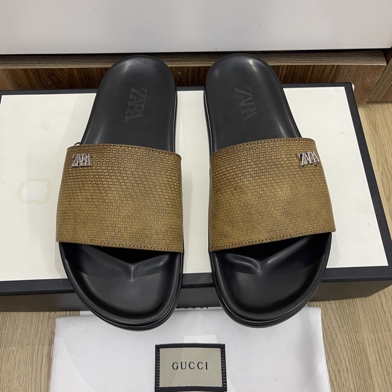 (Da Bò Thật ) dép quai ngang nam Da Bò thật quai vàng đế đen kèm video)