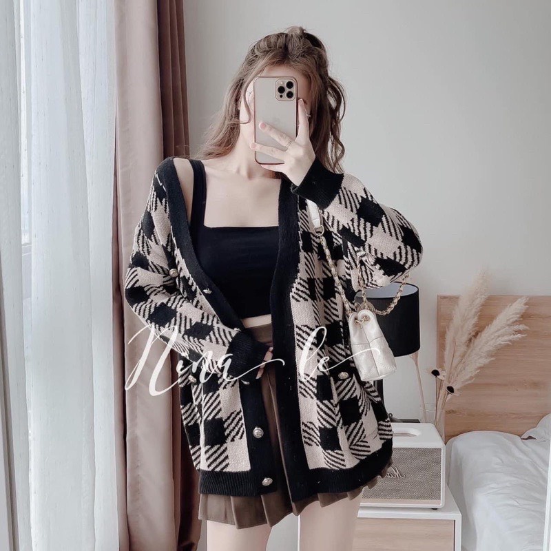 Áo Khoác Len Cardigan Nữ hoạ tiết sọc kẻ ô vuông/Hường khểnh Shop.