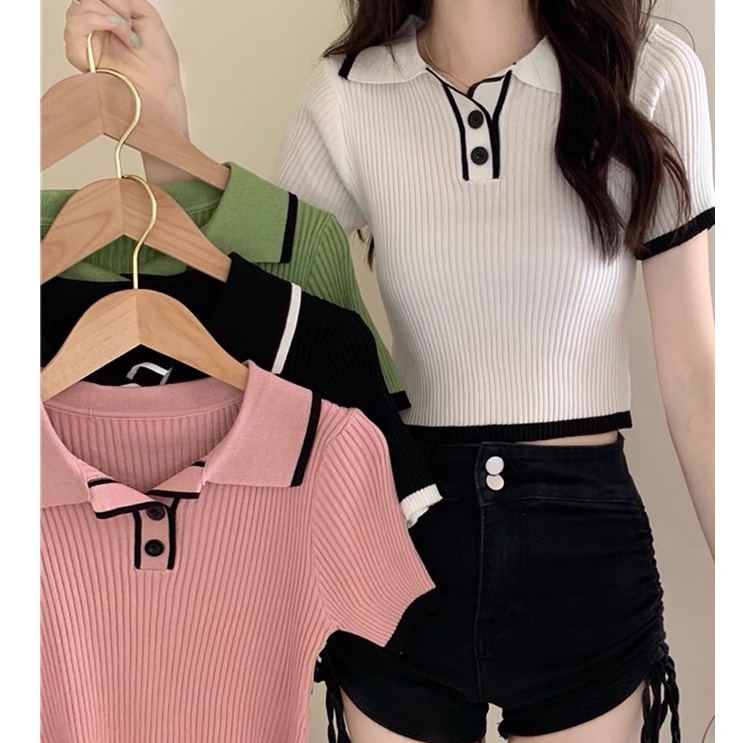 áo polo croptop len gân nữ tay ngắn kiểu cổ bẻ dáng ôm body dệt kim thời trang Quảng Châu cao cấp trẻ trung