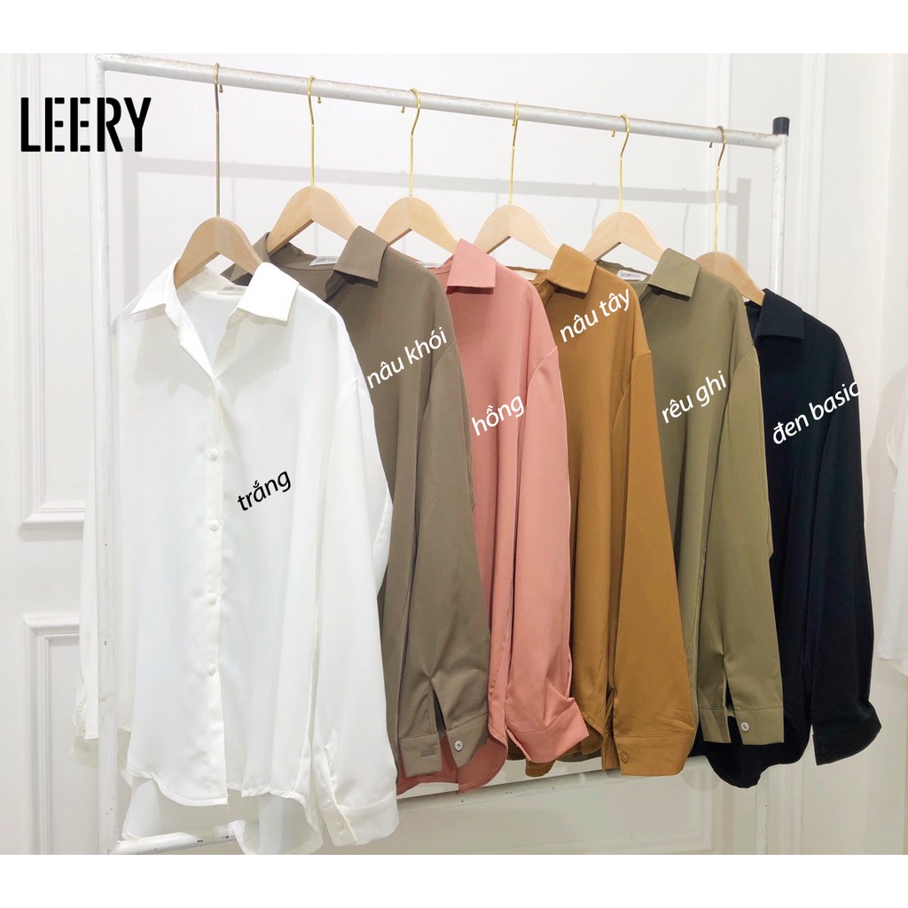 Áo sơ mi nữ công sở Leery form rộng dáng dài unisex kiểu Hàn Quốc chất lụa không nhăn màu Trắng Đen Nâu Rêu Khói SM-10