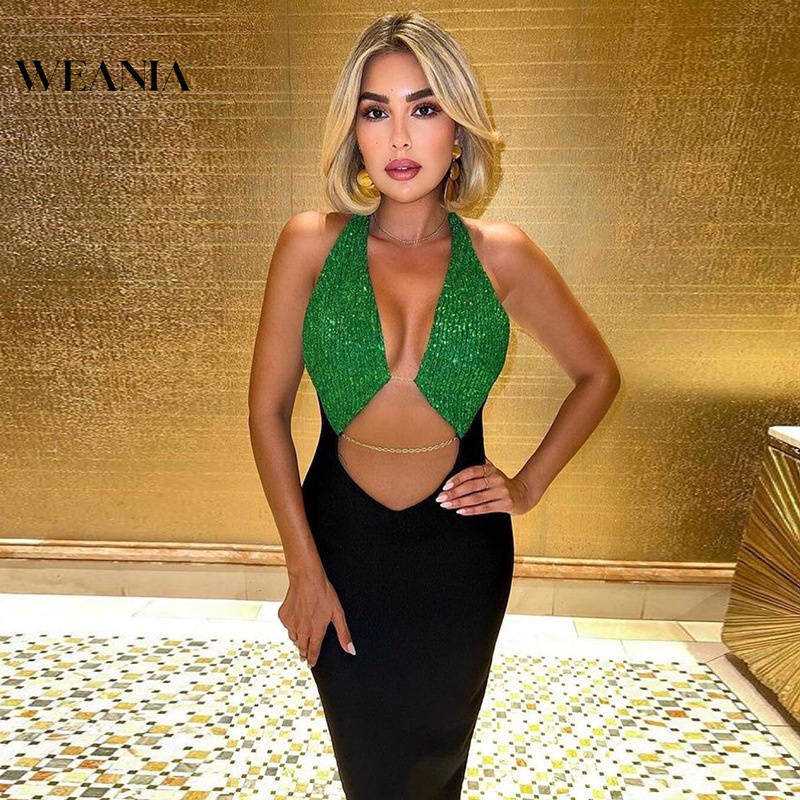 Đầm Hai Dây Màu Sắc Tương Phản Đính Kim Sa Quyến Rũ Cho Nữ