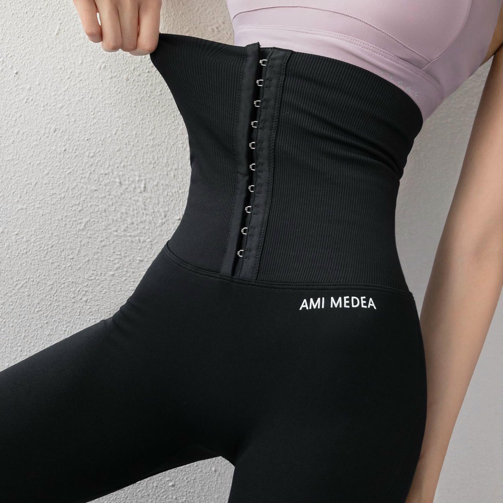 Quần tập gym nữ legging kết hợp latex AMI thun dệt, cạp cao siết eo Bin Sports Q129