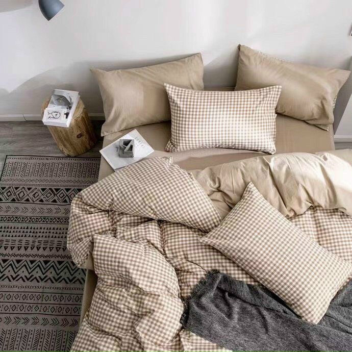 Bộ chăn ga gối drap giường chất cotton poly họa tiết kẻ caro be