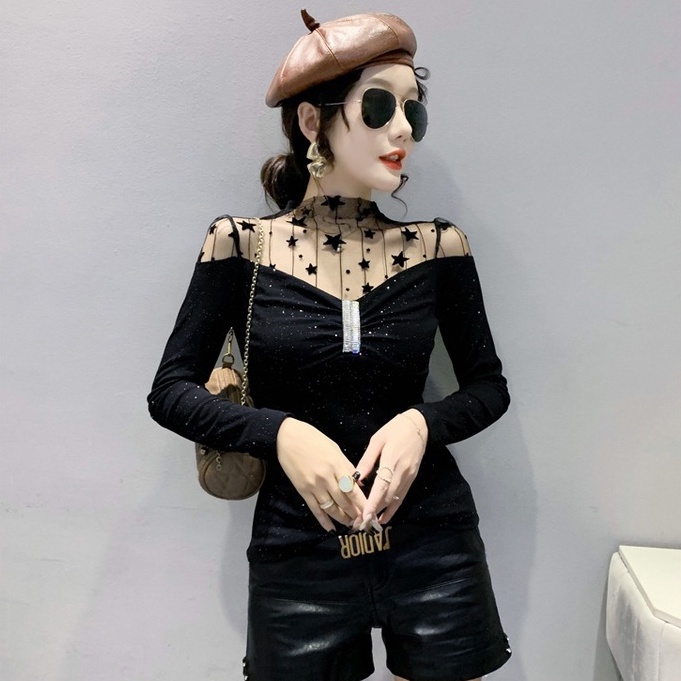 Áo kiểu trễ vai áo lưới dài tay In Họa Tiết Da Báo Phối Ren Phong Cách Mới